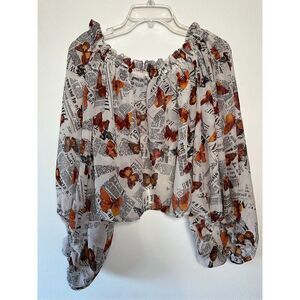 Live 4 Truth women’s newspaper butterfly bell sleeve crop top size XL #44-1351